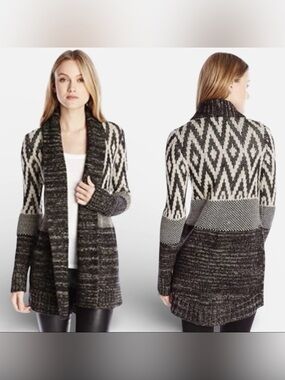 Lucky Brand Womens Stargazer Open Cardigan Sweater Size M Boho Multi-Print Black